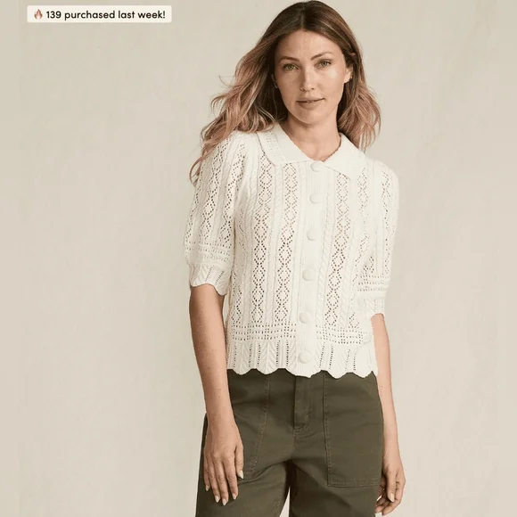 NWOT Lands' End Lace Pointelle Puff Sleeve Cardigan Sweater Size XL - Picture 1 of 7